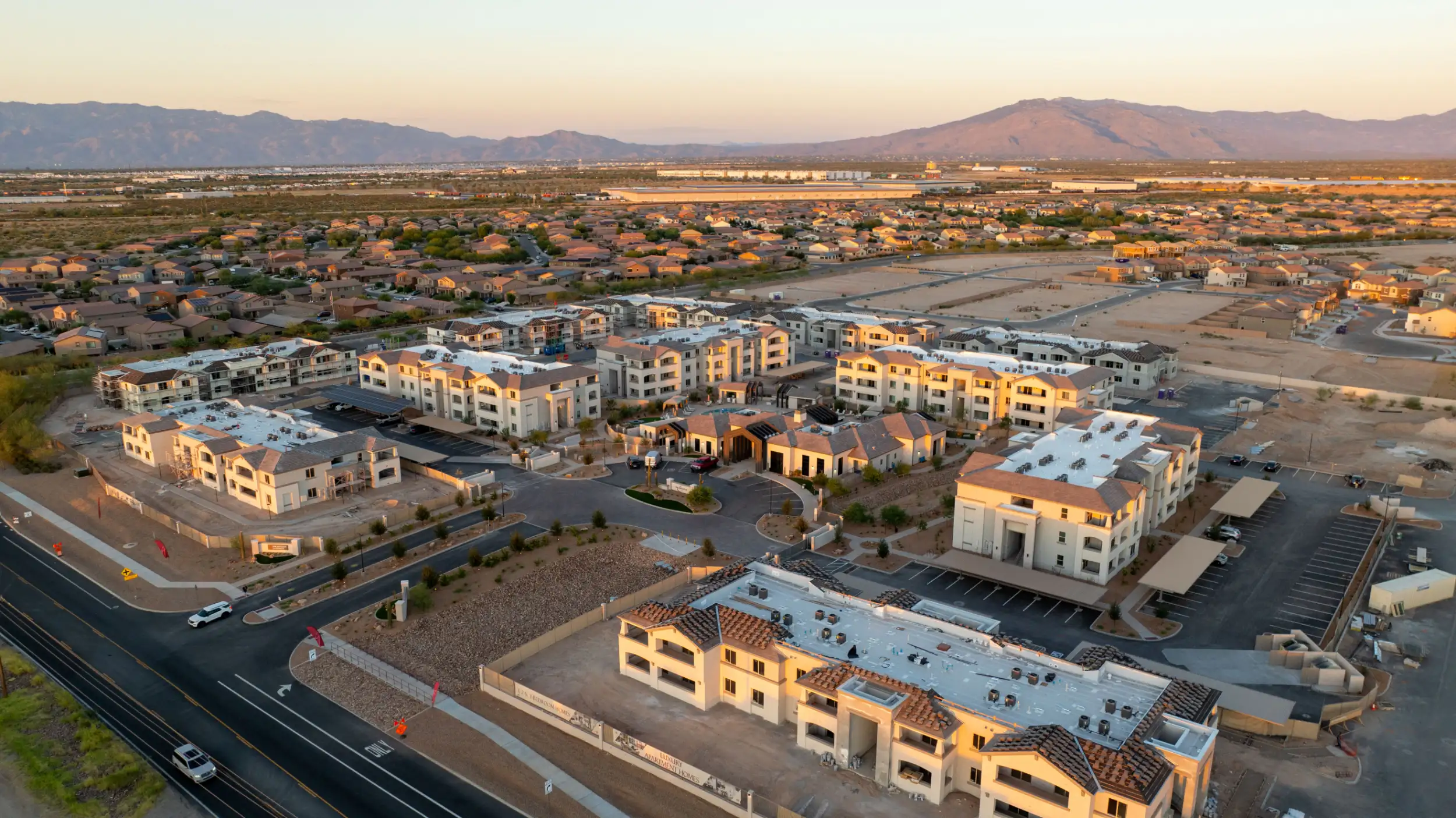 Aerial view of an HSL Construction Services apartment complex being built.