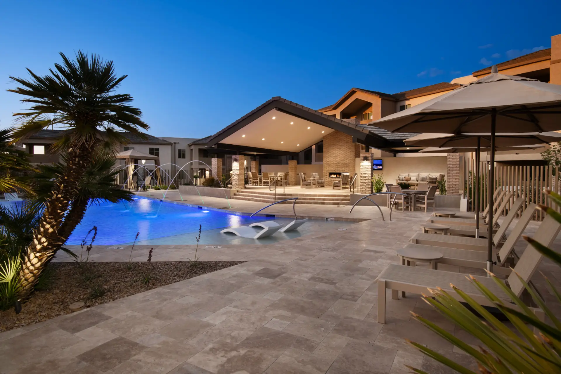 Encantada Gladden Farms poolside view at twilight